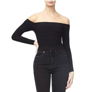 Good American The Off Shoulder Ribbed Knit Sweater Pullover in Black 0 NWOT